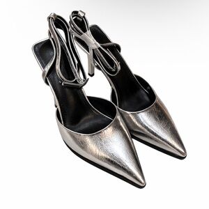 Silver Pointed-Toe Slingback Heels with Ankle Strap